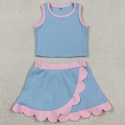 Baby Girls Clothes Sleeveless Blue Pink Vest Scallop Skirts Shorts Yoga Active Clothes Set GSD4014