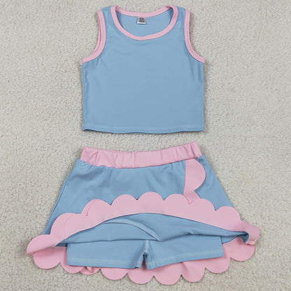 Baby Girls Clothes Sleeveless Blue Pink Vest Scallop Skirts Shorts Yoga Active Clothes Set GSD4014