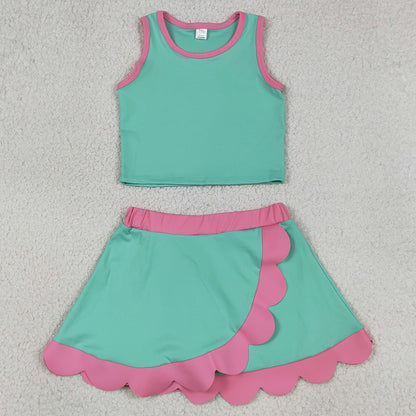 Baby Girls Clothes Sleeveless Light Blue Vest Scallop Skirt Short Yoga Active Clothes Set GSD4012