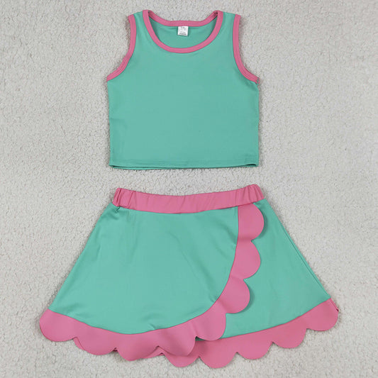 Baby Girls Clothes Sleeveless Light Blue Vest Scallop Skirt Short Yoga Active Clothes Set GSD4012