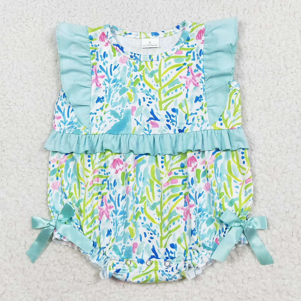 Baby Infant Girls Rompers Green Flowers Bows Summer Rompers SR1022