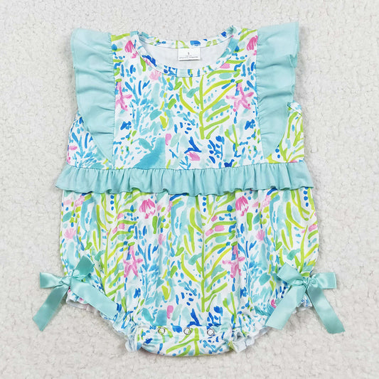 Baby Infant Girls Rompers Green Flowers Bows Summer Rompers SR1022