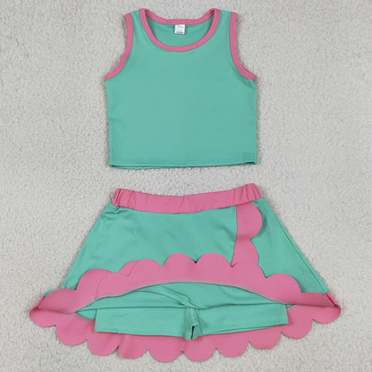 Baby Girls Clothes Sleeveless Light Blue Vest Scallop Skirt Short Yoga Active Clothes Set GSD4012