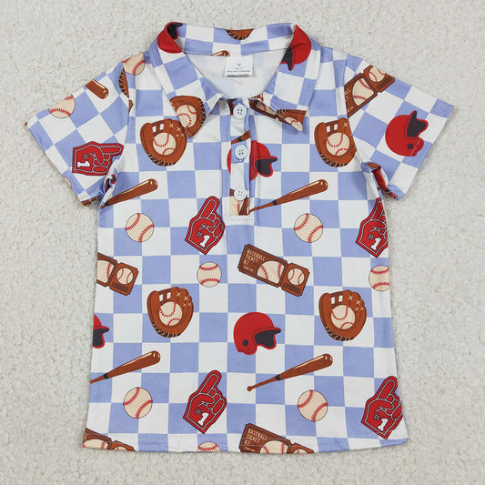 Baby Boys Clothes Blue Checked Baseballs Team Button Polo Shirts Top BT1577 12.23