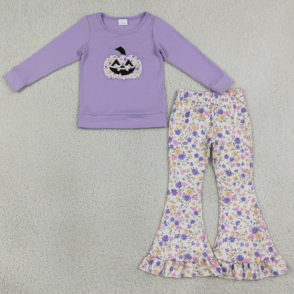 Baby Girls Clothes Embroidery Flowers Ghost Pumpkins Ruffle Bell Bottom Pant Halloween Sets GLP3618