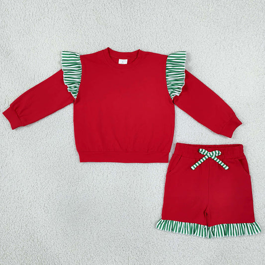 Baby Girls Clothes Red Green Stripe Shirt Top Pockets Ruffle Short Clothes Set GLS0217