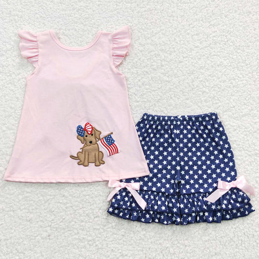 Baby Girls Clothes 4th Of July Dog Embroidery Pink Ruffle Shorts Sets GSSO0236 BSSO0227