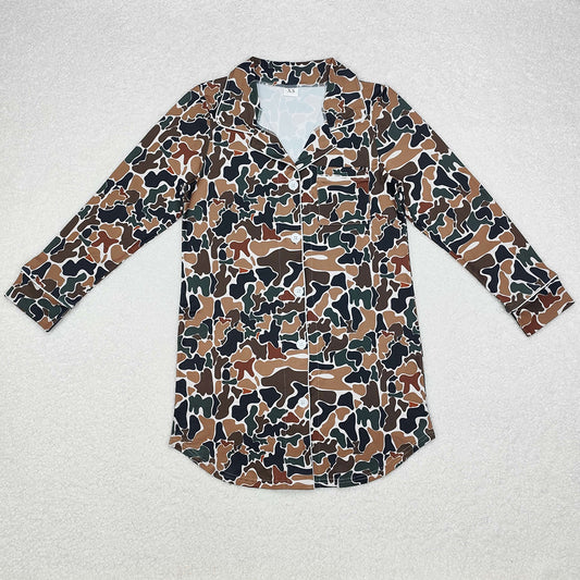 Adult Women Clothes Tops Camo Brown Fall Buttons Tops GT0695