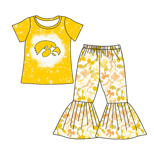 Preorder MOQ 5 bleached yellow top bow pants girls team clothes 8.25