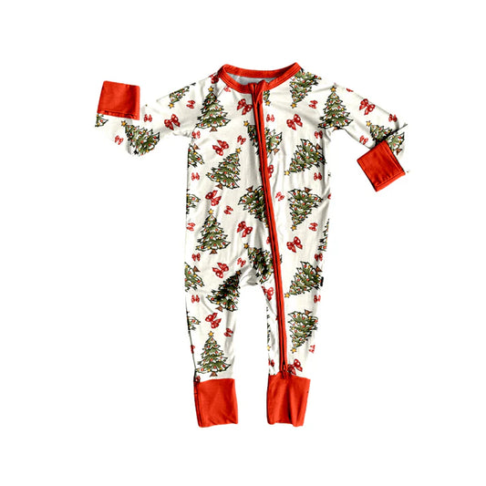 Preorder(moq 5)Baby Infant Christmas Trees Bows Zipper Footie Rompers 8.8