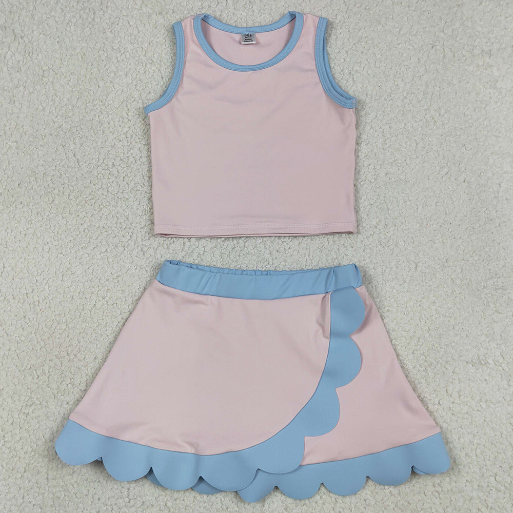 Baby Girls Clothes Sleeveless Light Pink Vest Scallop Skirt Short Yoga Active Clothes Set GSD4010