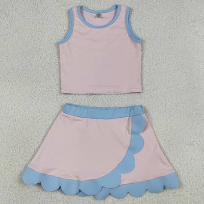 Baby Girls Clothes Sleeveless Light Pink Vest Scallop Skirt Short Yoga Active Clothes Set GSD4010
