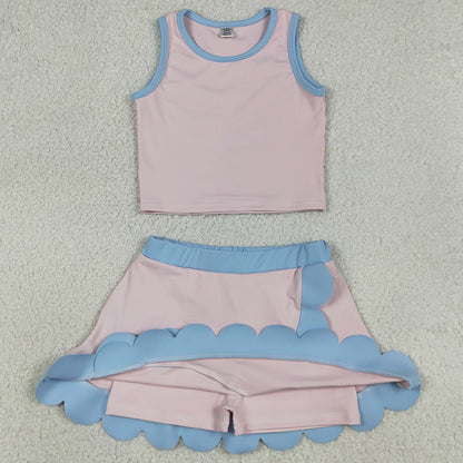 Baby Girls Clothes Sleeveless Light Pink Vest Scallop Skirt Short Yoga Active Clothes Set GSD4010