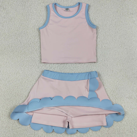 Baby Girls Clothes Sleeveless Light Pink Vest Scallop Skirt Short Yoga Active Clothes Set GSD4010