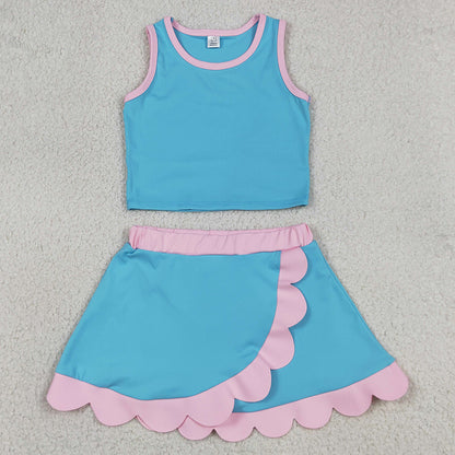 Baby Girls Clothes Sleeveless Lake Blue Pink Vest Scallop Skirt Short Yoga Active Clothes Set GSD4013