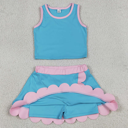 Baby Girls Clothes Sleeveless Lake Blue Pink Vest Scallop Skirt Short Yoga Active Clothes Set GSD4013