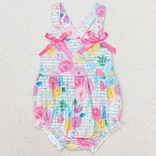 Baby Infant Girls Rompers Stripes Flowers Straps Bows Rompers SR1424