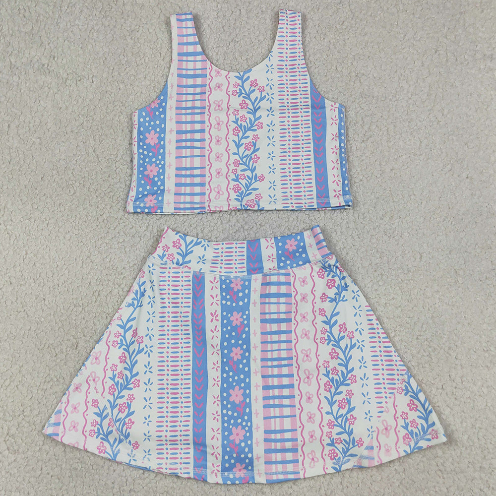 Baby Girls Clothes Blue Pink Flowers Vest Top Skirt Short Yoga Active Clothes Sets GSD1995