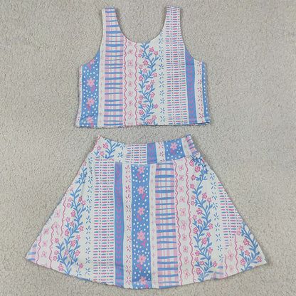 Baby Girls Clothes Blue Pink Flowers Vest Top Skirt Short Yoga Active Clothes Sets GSD1995