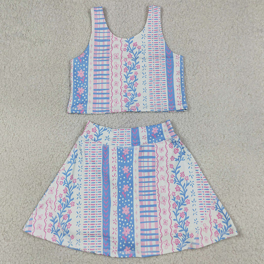 Baby Girls Clothes Blue Pink Flowers Vest Top Skirt Short Yoga Active Clothes Sets GSD1995