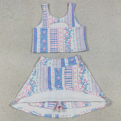 Baby Girls Clothes Blue Pink Flowers Vest Top Skirt Short Yoga Active Clothes Sets GSD1995