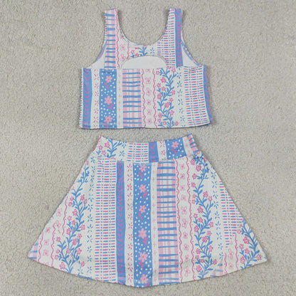 Baby Girls Clothes Blue Pink Flowers Vest Top Skirt Short Yoga Active Clothes Sets GSD1995