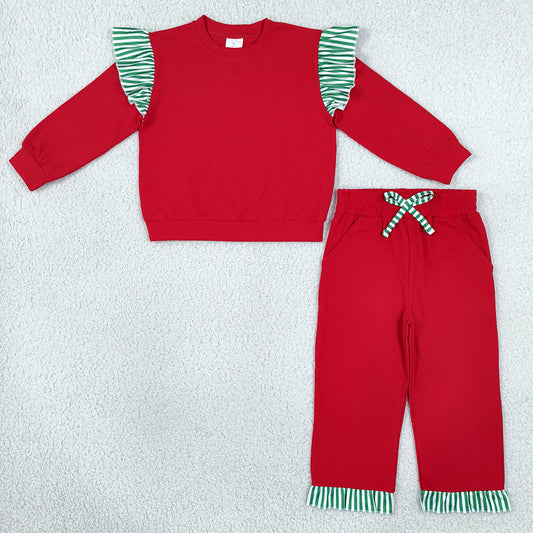 Baby Girls Clothes Red Green Stripe Shirt Top Pockets Ruffle Pant Clothes Set GLP3697
