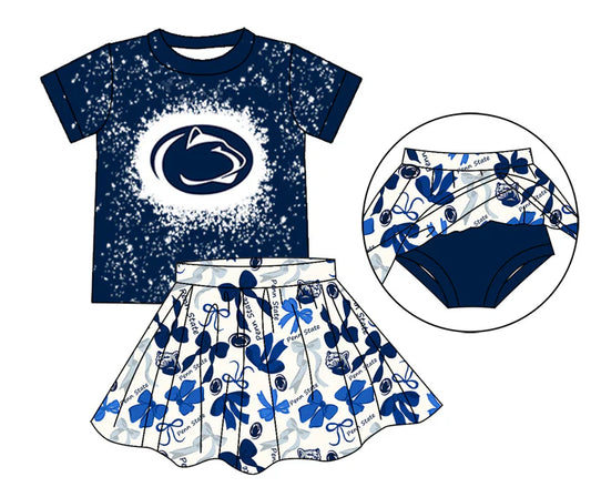 Preorder moq 5 navy bleached top bow skirt girls team outfits 8.26