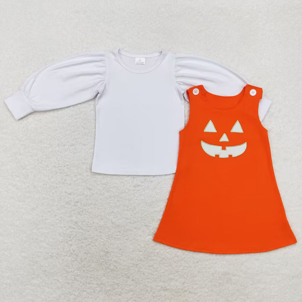 Boutique Baby Girls Dress Orange Halloween Ghost Pumpkin 2pcs Shirt Knee Length Dresses Sets GLD0807