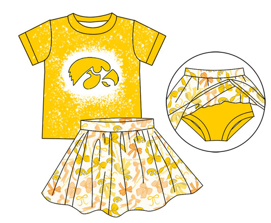 Preorder moq 5 yellow bleached top bow skirt girls team outfits 8.23