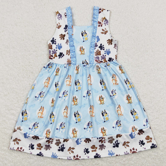 Baby Girls Dress Blue Flowers Dogs Knee Length Dresses GSD0864