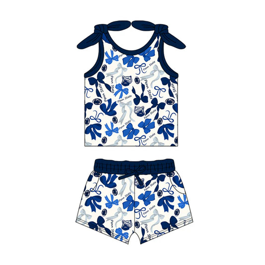 Preorder MOQ 5 pcs sleeveless blue bow top shorts girls team clothes 8.26