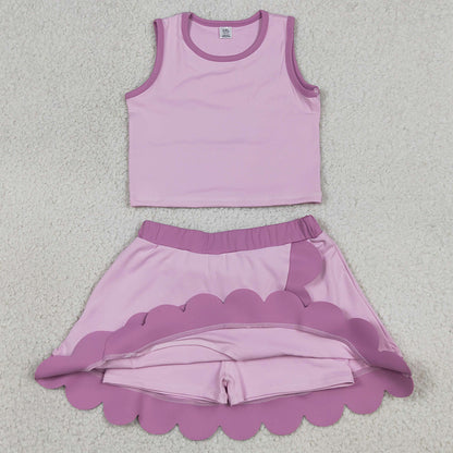 Baby Girls Clothes Pink Sleeveless Vest Scallop Skirt Short Yoga Active Clothes Set GSD4085