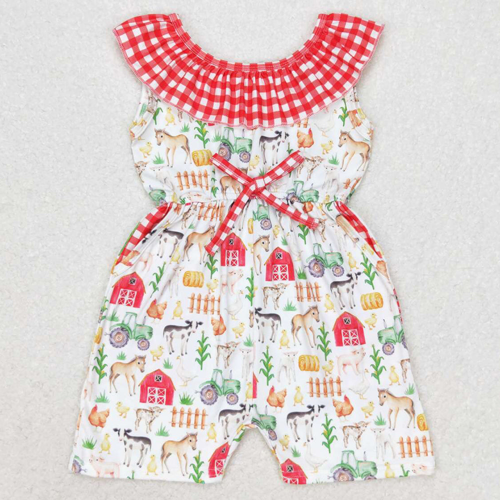 Baby Girls Jumpsuits Red Farm Checkered Summer Pockets Shorts Jumpsuits SR1301