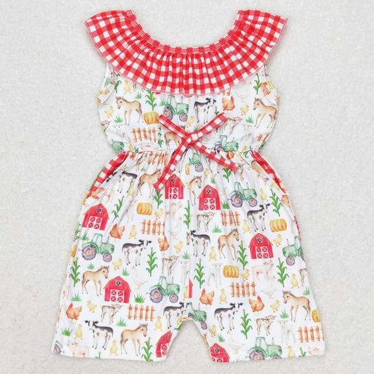 Baby Girls Jumpsuits Red Farm Checkered Summer Pockets Shorts Jumpsuits SR1301