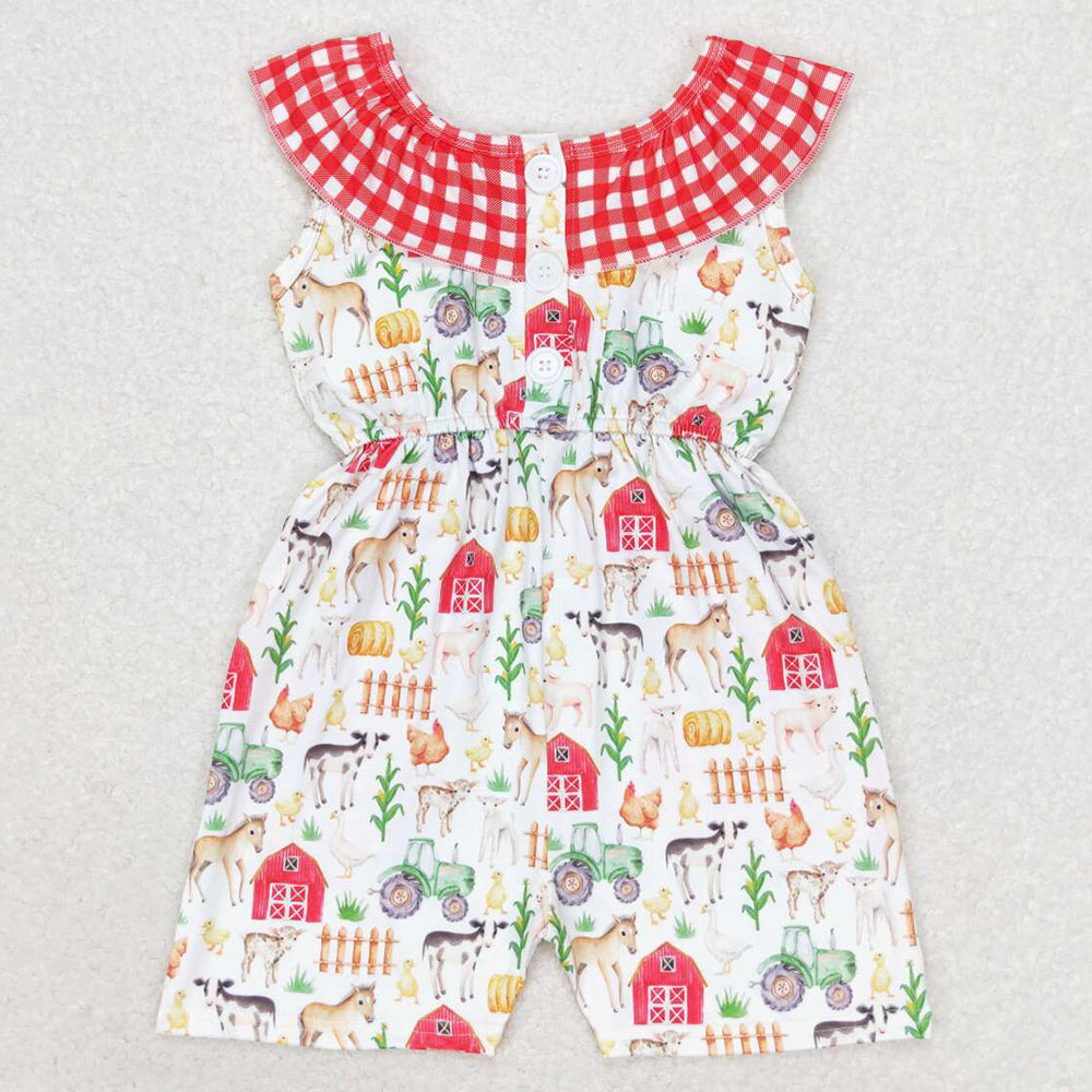 Baby Girls Jumpsuits Red Farm Checkered Summer Pockets Shorts Jumpsuits SR1301