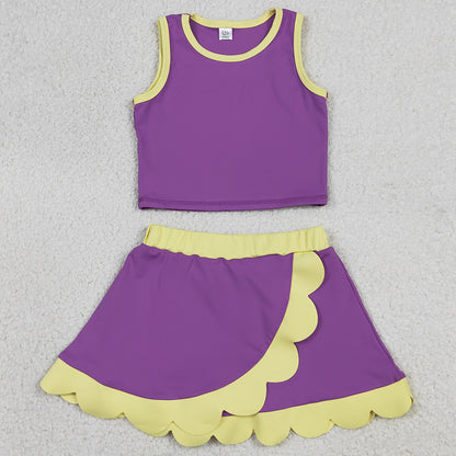Baby Girls Clothes Purple Yellow Vest Scallop Skirt Short Yoga Active Clothes Set GSD4015