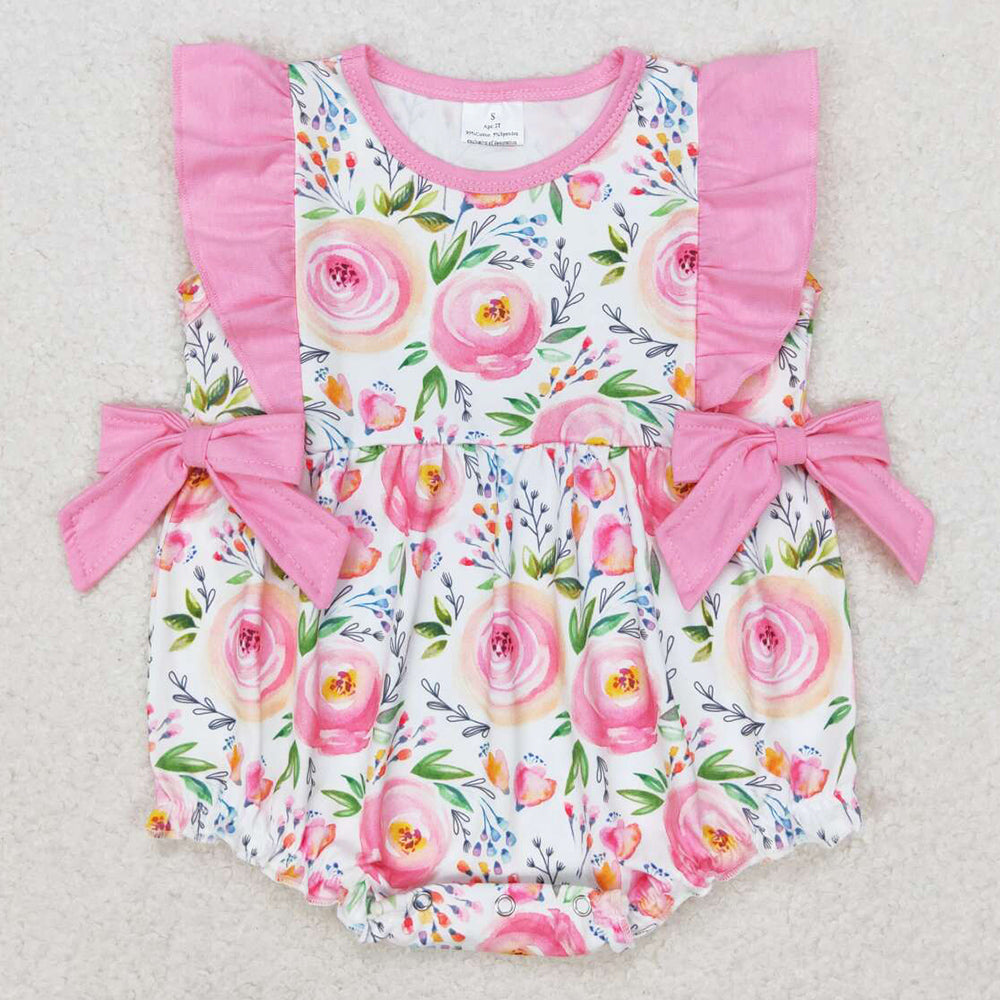 Baby Infant Girls Rompers Pink Rose Flowers Ruffle Bows Rompers SR1420