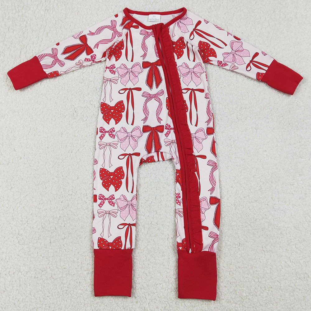 Baby Girls Rompers Red Bows Valentines Two Way Ruffle Zip Convertible Rompers LR2780 12.20