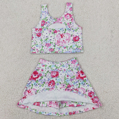 Baby Girls Clothes Pink Flowers Athletic Active Wear Top Shorts Skirts Sets GSD1989