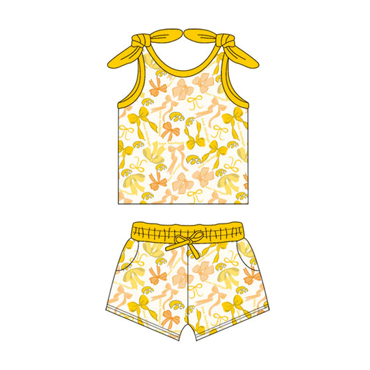 Preorder MOQ 5 pcs sleeveless yellow bow top shorts girls team clothes 8.23