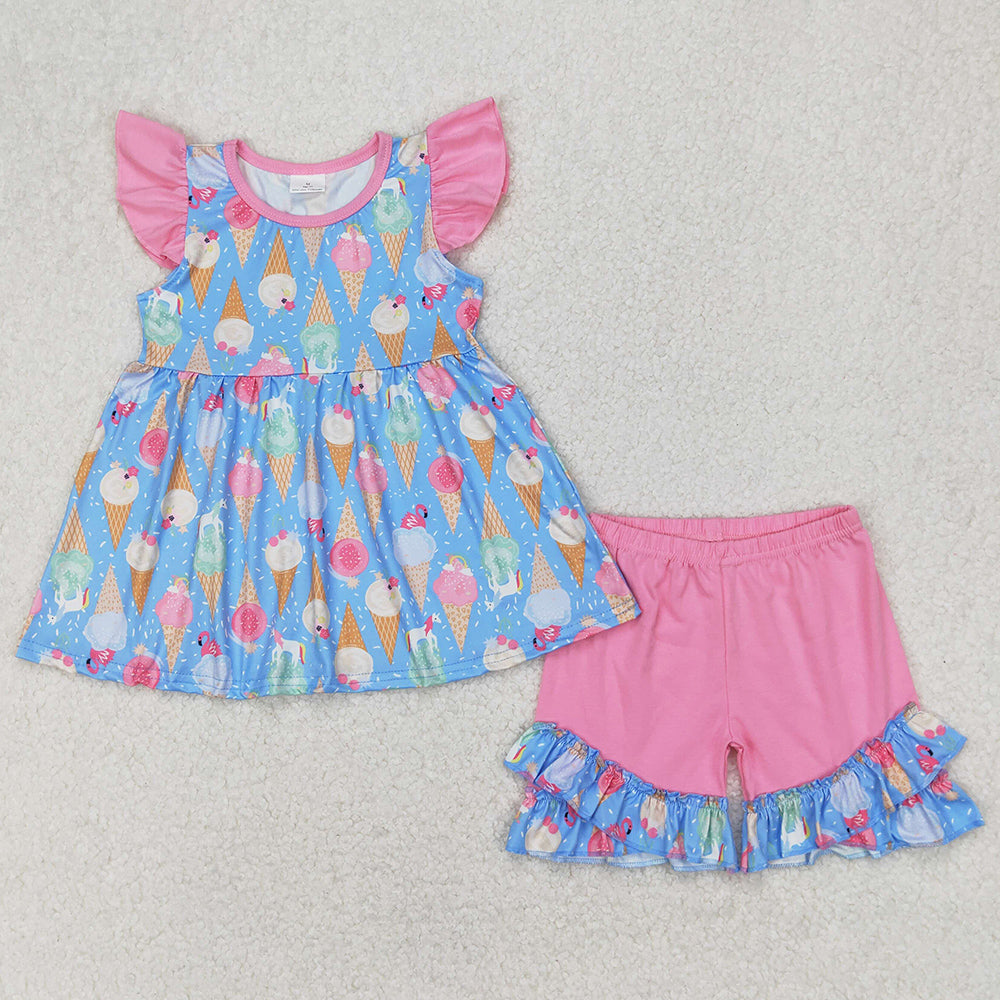 Baby Girls Clothes Pink Flutter Sleeves Ice Cream Tunic Top Ruffle Short Sets GSSO2402