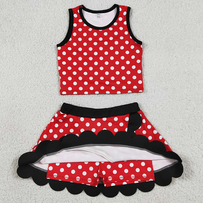 Baby Girls Clothes Red Polka Dots Vest Scallop Skirt Short Yoga Active Clothes Set GSD4080