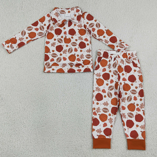 Baby Boys Clothes Football Pumpkins Zip Pullovers Pockets Jogger Pant Fall Clothes Set BLP1573