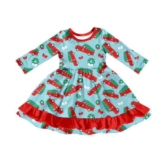 Preorder (moq 5)Baby Girls Christmas Trucks Bows Ruffle Knee Length Dresses 8.8