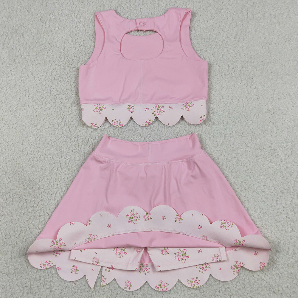 Baby Girls Clothes Light Pink Flowers Vest Bows Skirt Shorts Scallop Yoga Active Clothes Sets GSD3321