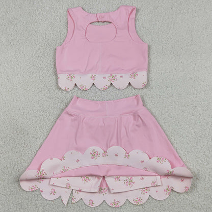 Baby Girls Clothes Light Pink Flowers Vest Bows Skirt Shorts Scallop Yoga Active Clothes Sets GSD3321