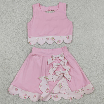 Baby Girls Clothes Light Pink Flowers Vest Bows Skirt Shorts Scallop Yoga Active Clothes Sets GSD3321