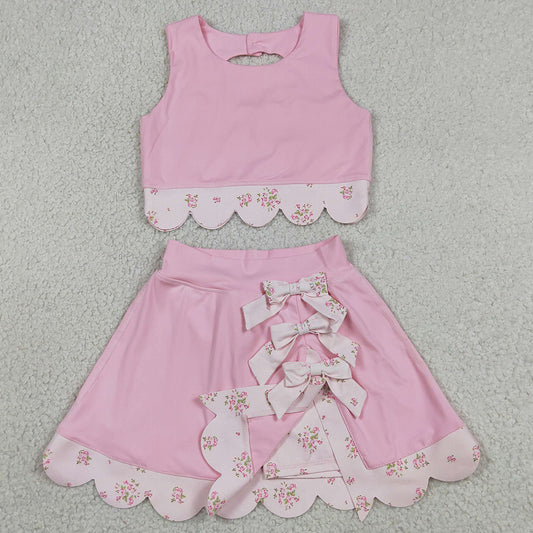Baby Girls Clothes Light Pink Flowers Vest Bows Skirt Shorts Scallop Yoga Active Clothes Sets GSD3321