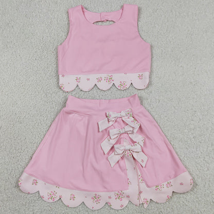 Baby Girls Clothes Light Pink Flowers Vest Bows Skirt Shorts Scallop Yoga Active Clothes Sets GSD3321